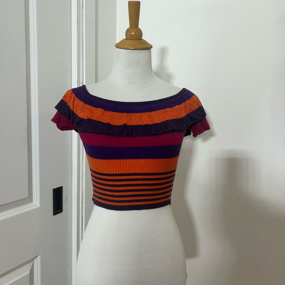 URBAN OUTFITTERS Kimchi Blue Striped Off-Shoulder Crop Top in Orange & Purple